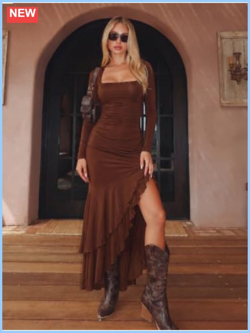 Women's Bodycon Maxi Dress Long Sleeve Square Neck High Slit Party Cocktail - Picture 3 of 6